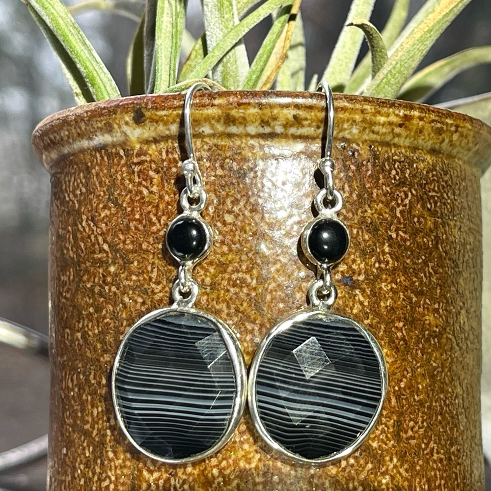 Natural Black Botswana Agate & Black Onyx Sterling Silver Earrings